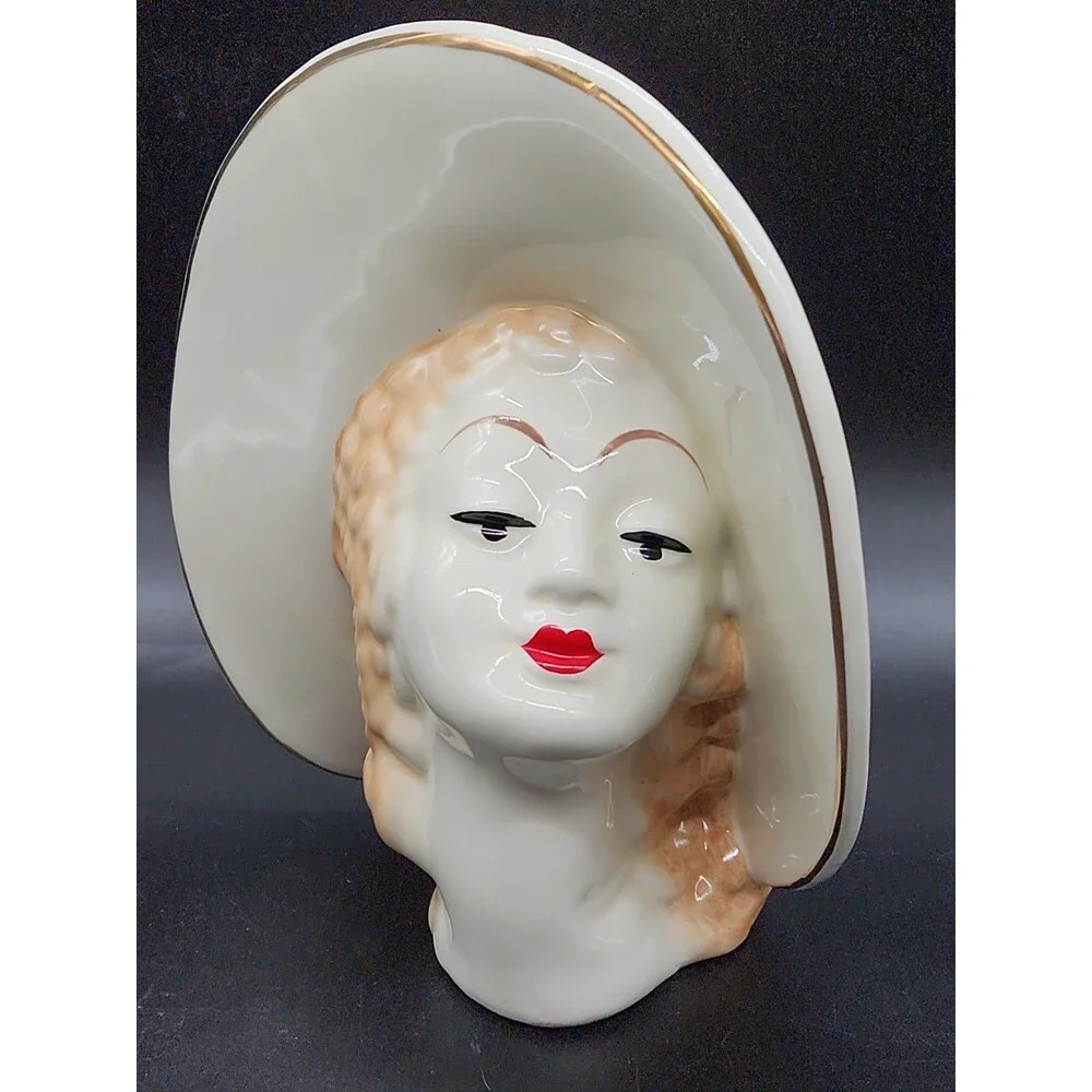 Art Deco Head Vase Blonde Lady Womans Face Large Hat Gold Gilt Red Lips 8